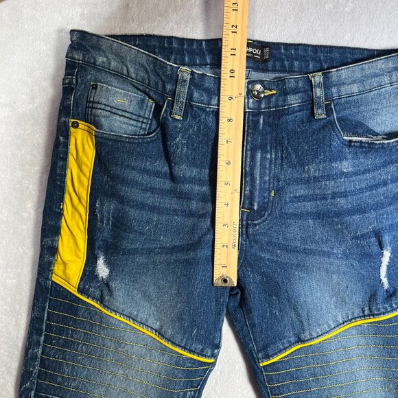 South Pole Jeans Mens 34x32 Blue Denim Dark Acid Wash Skinny Moto Biker Hip Hop - Picture 10 of 11